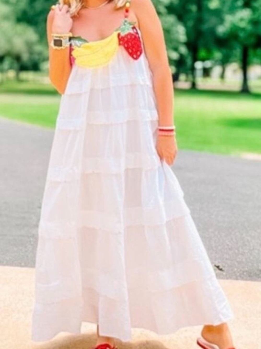 FARM Rio White Tiered Maxi Dress with Red Strawberry & Yellow Banana Appliqués